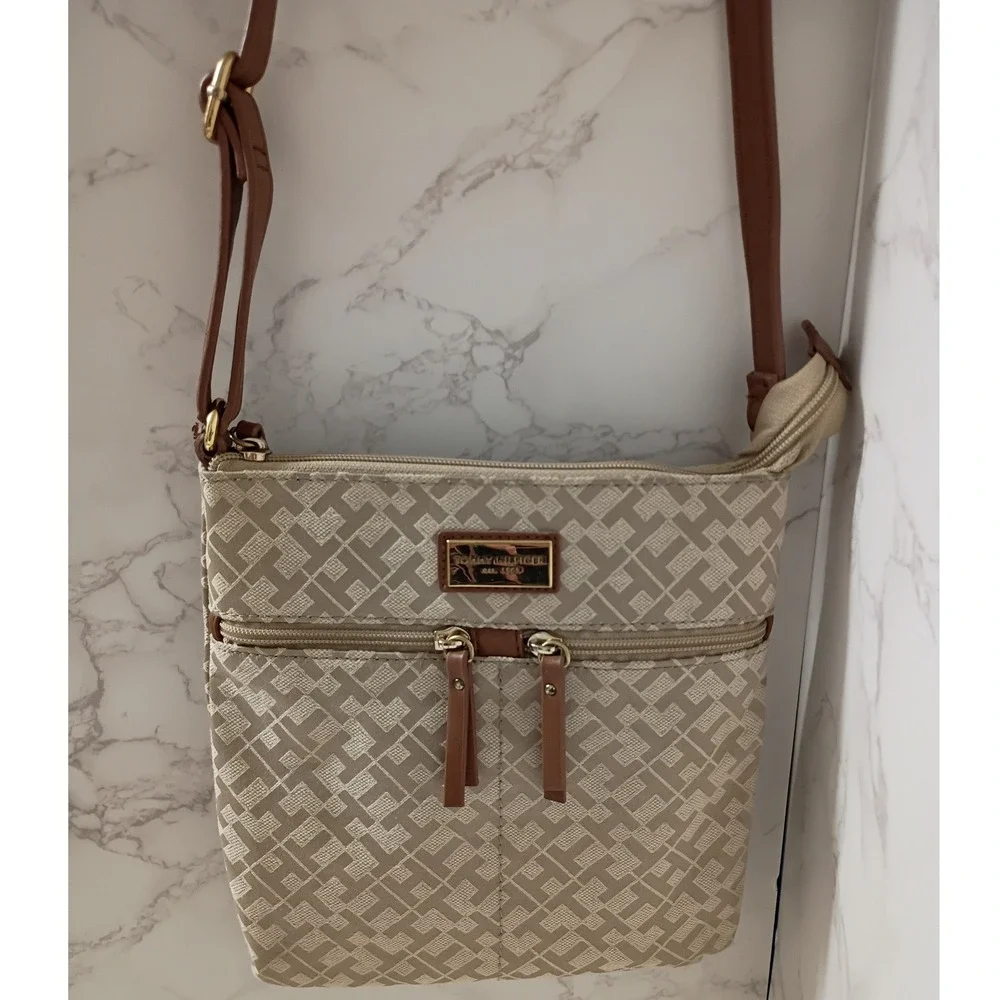 TOMMY HILFIGER Beige Monogram Jacquard Crossbody Bag - EUC